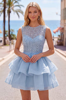 Laden Sie das Bild in den Galerie-Viewer, Gelbes A-Linie Rundhals Stufen Kurzes Abendkleid mit Perlen