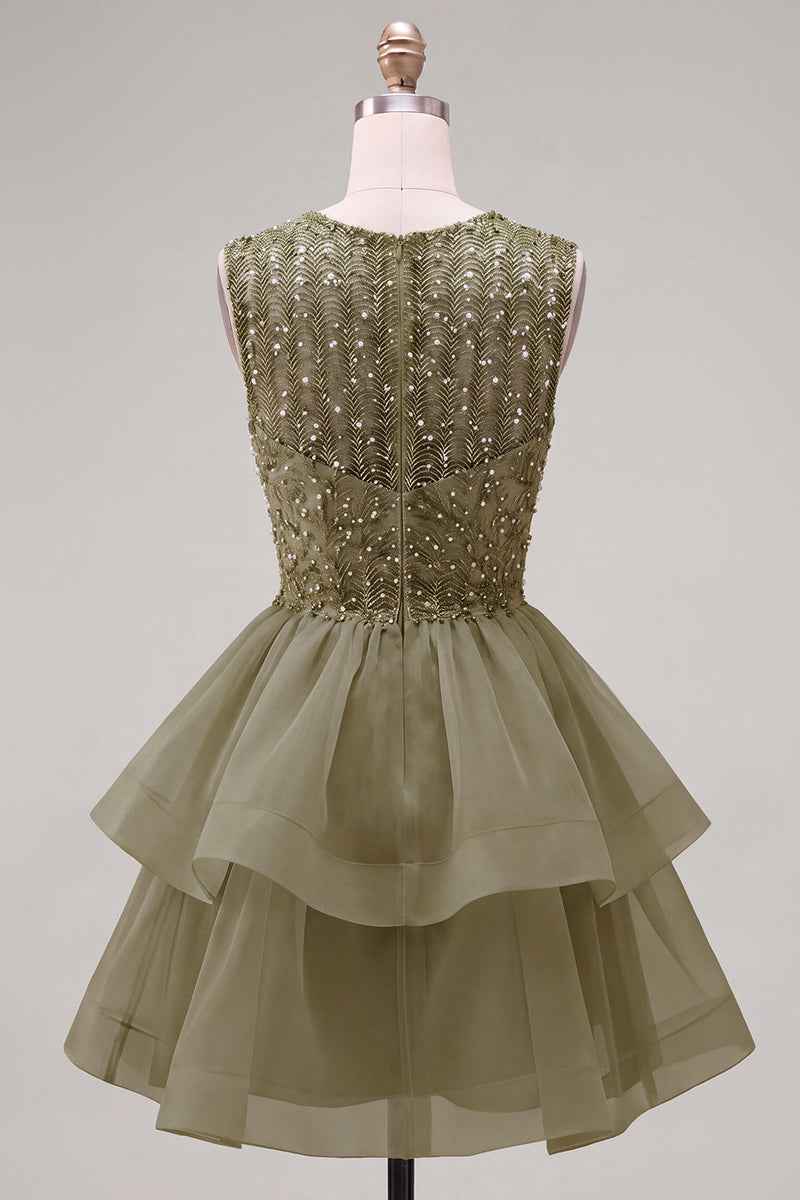 Laden Sie das Bild in den Galerie-Viewer, Gelbes A-Linie Rundhals Stufen Kurzes Abendkleid mit Perlen