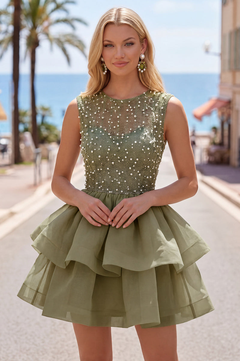 Laden Sie das Bild in den Galerie-Viewer, Gelbes A-Linie Rundhals Stufen Kurzes Abendkleid mit Perlen