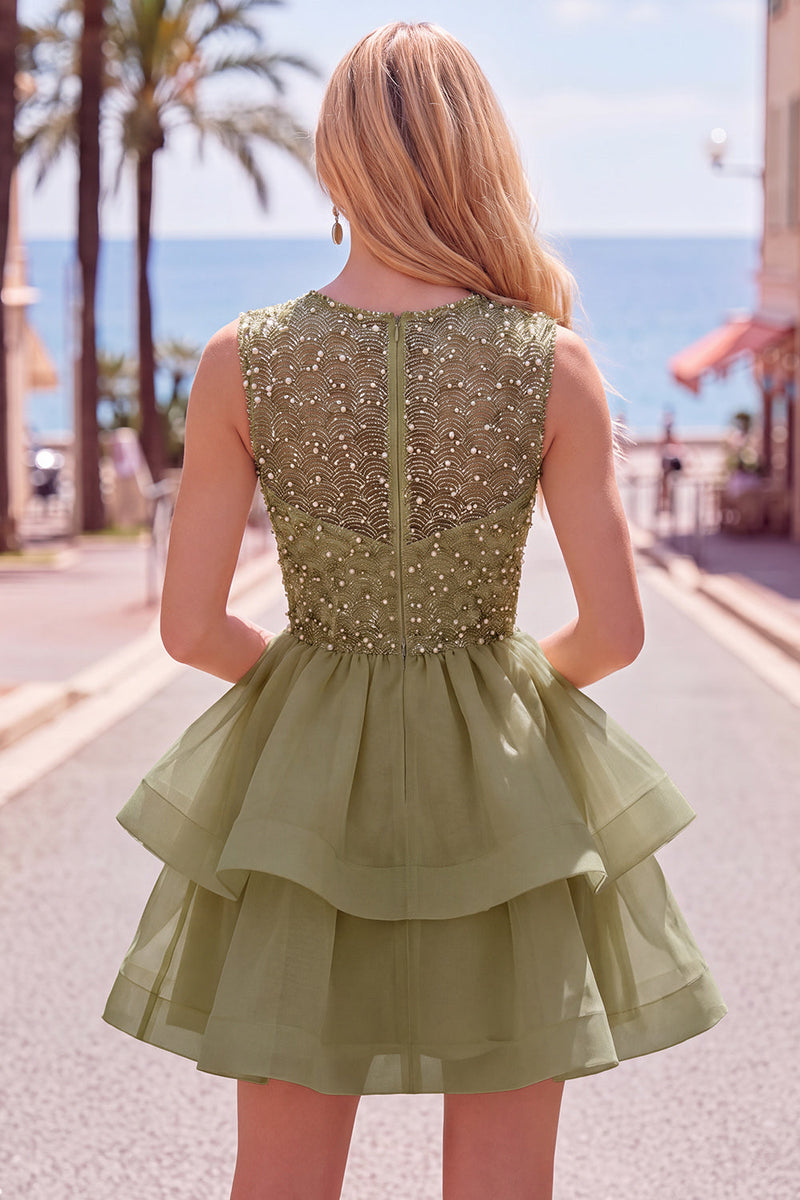 Laden Sie das Bild in den Galerie-Viewer, Gelbes A-Linie Rundhals Stufen Kurzes Abendkleid mit Perlen
