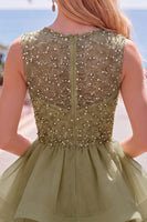 Laden Sie das Bild in den Galerie-Viewer, Gelbes A-Linie Rundhals Stufen Kurzes Abendkleid mit Perlen