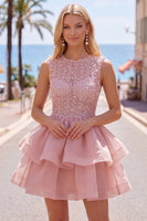 Laden Sie das Bild in den Galerie-Viewer, Gelbes A-Linie Rundhals Stufen Kurzes Abendkleid mit Perlen