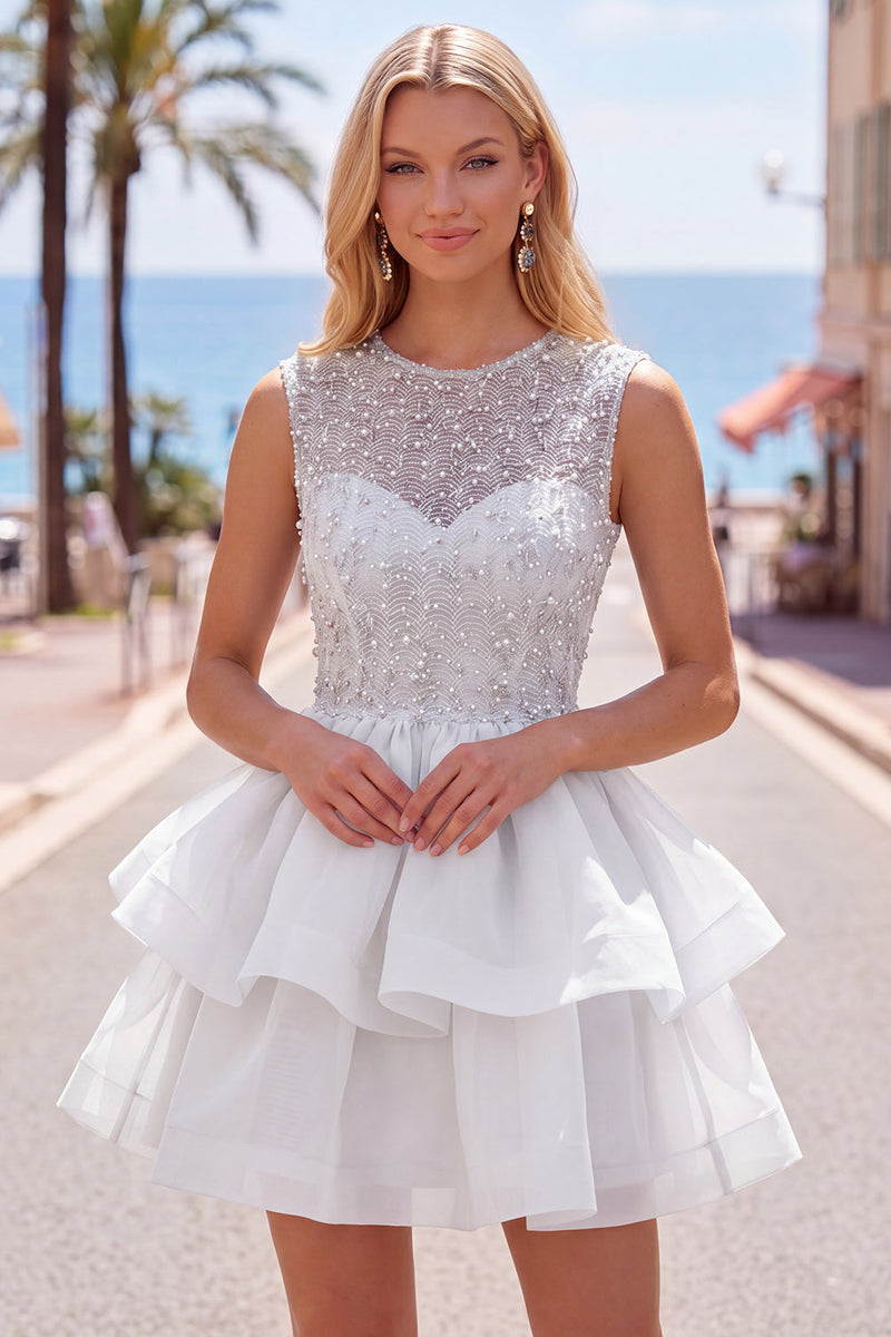 Laden Sie das Bild in den Galerie-Viewer, Gelbes A-Linie Rundhals Stufen Kurzes Abendkleid mit Perlen