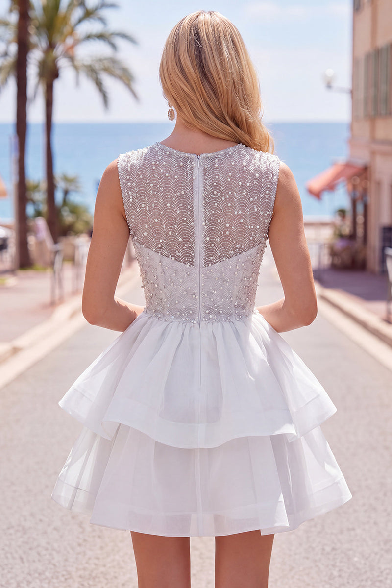 Laden Sie das Bild in den Galerie-Viewer, Gelbes A-Linie Rundhals Stufen Kurzes Abendkleid mit Perlen