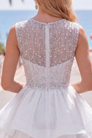Laden Sie das Bild in den Galerie-Viewer, Gelbes A-Linie Rundhals Stufen Kurzes Abendkleid mit Perlen