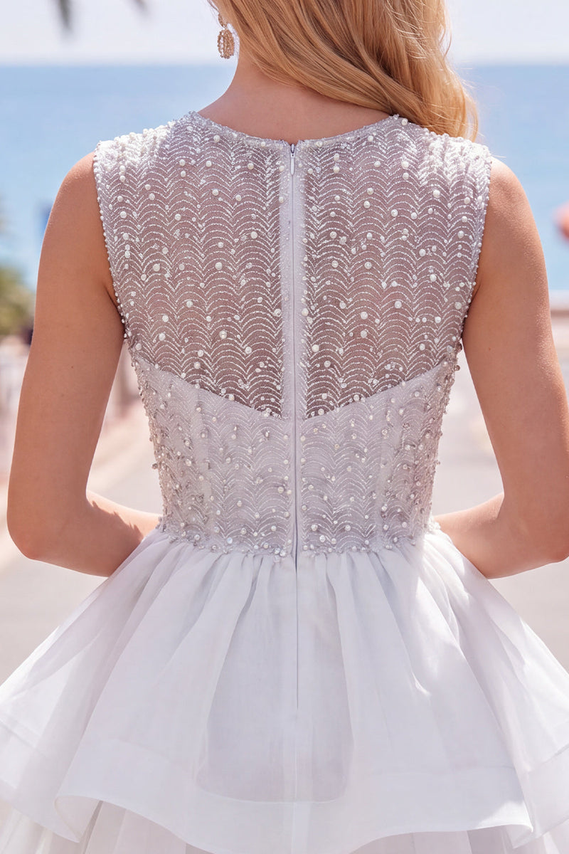 Laden Sie das Bild in den Galerie-Viewer, Gelbes A-Linie Rundhals Stufen Kurzes Abendkleid mit Perlen