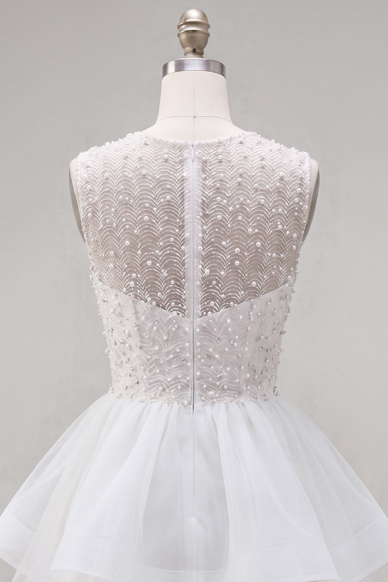 Laden Sie das Bild in den Galerie-Viewer, Gelbes A-Linie Rundhals Stufen Kurzes Abendkleid mit Perlen