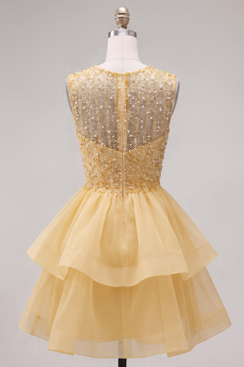 Laden Sie das Bild in den Galerie-Viewer, Gelbes A-Linie Rundhals Stufen Kurzes Abendkleid mit Perlen