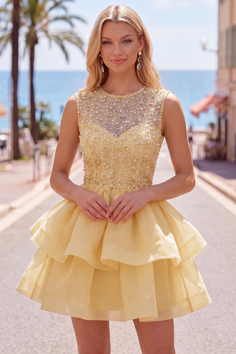 Laden Sie das Bild in den Galerie-Viewer, Gelbes A-Linie Rundhals Stufen Kurzes Abendkleid mit Perlen
