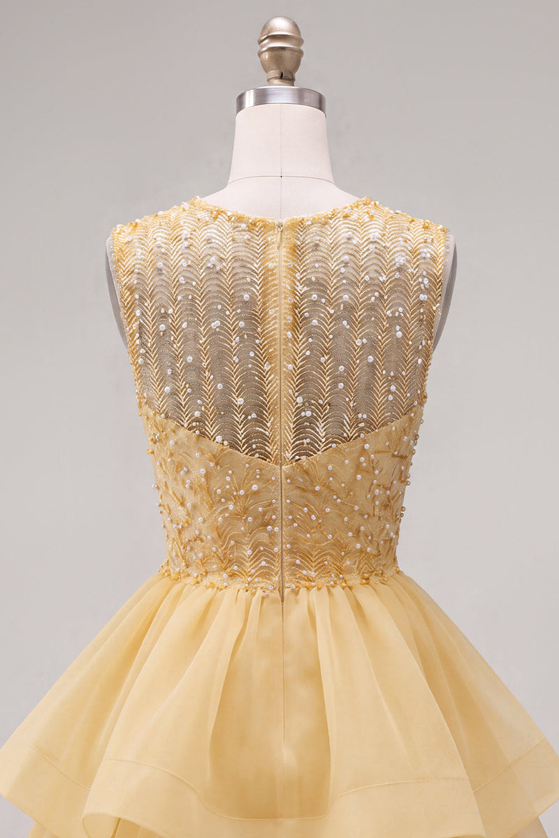 Laden Sie das Bild in den Galerie-Viewer, Gelbes A-Linie Rundhals Stufen Kurzes Abendkleid mit Perlen