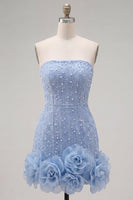 Laden Sie das Bild in den Galerie-Viewer, Trägerloses Blaues Bodycon Perlen Kurzes Abendkleid mit 3D-Blumen