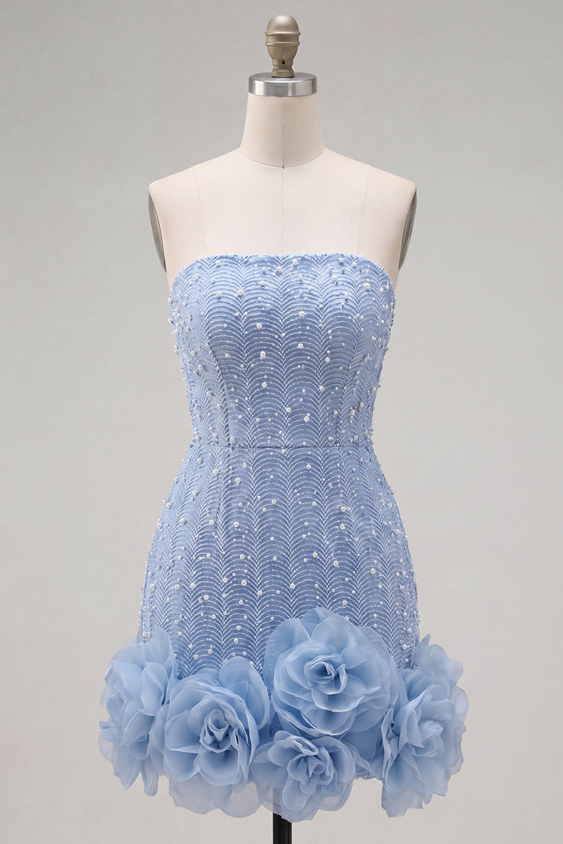 Laden Sie das Bild in den Galerie-Viewer, Trägerloses Blaues Bodycon Perlen Kurzes Abendkleid mit 3D-Blumen