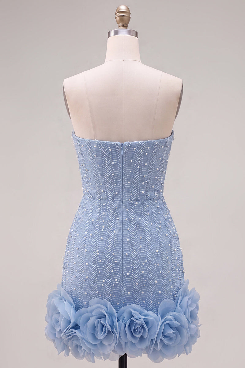 Laden Sie das Bild in den Galerie-Viewer, Trägerloses Blaues Bodycon Perlen Kurzes Abendkleid mit 3D-Blumen