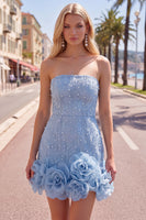 Laden Sie das Bild in den Galerie-Viewer, Trägerloses Blaues Bodycon Perlen Kurzes Abendkleid mit 3D-Blumen