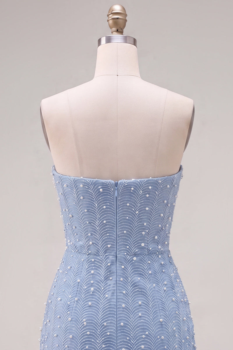 Laden Sie das Bild in den Galerie-Viewer, Trägerloses Blaues Bodycon Perlen Kurzes Abendkleid mit 3D-Blumen