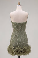 Laden Sie das Bild in den Galerie-Viewer, Trägerloses Blaues Bodycon Perlen Kurzes Abendkleid mit 3D-Blumen