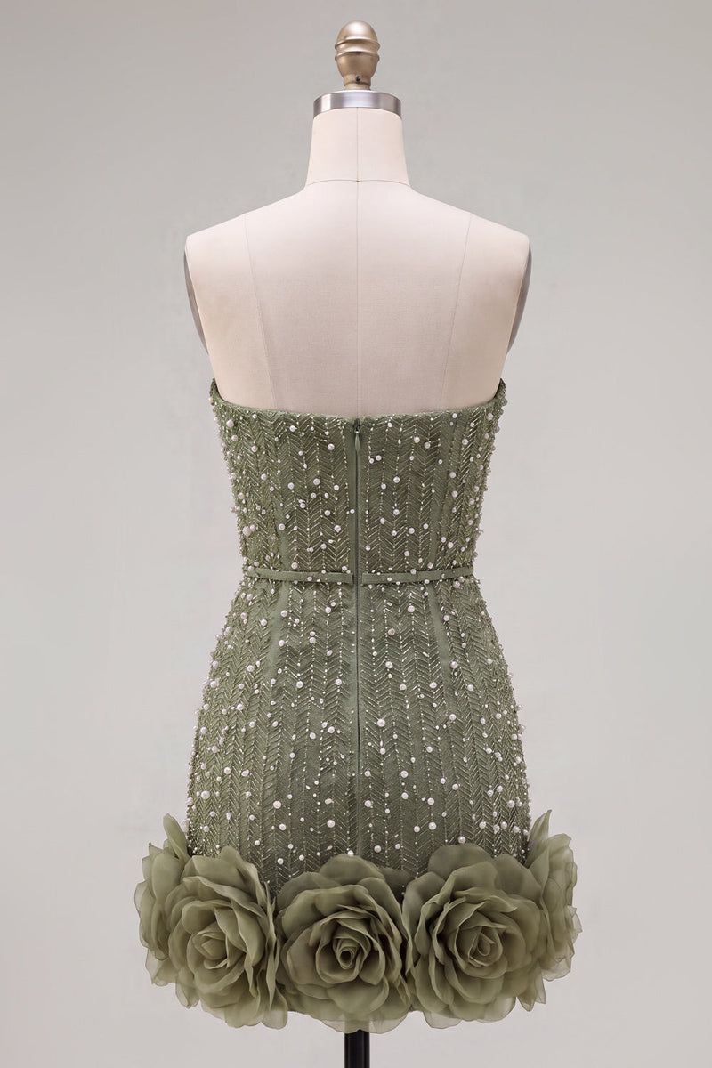 Laden Sie das Bild in den Galerie-Viewer, Trägerloses Blaues Bodycon Perlen Kurzes Abendkleid mit 3D-Blumen