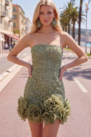 Laden Sie das Bild in den Galerie-Viewer, Trägerloses Blaues Bodycon Perlen Kurzes Abendkleid mit 3D-Blumen