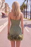 Laden Sie das Bild in den Galerie-Viewer, Trägerloses Blaues Bodycon Perlen Kurzes Abendkleid mit 3D-Blumen