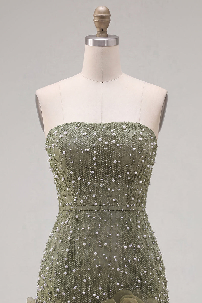 Laden Sie das Bild in den Galerie-Viewer, Trägerloses Blaues Bodycon Perlen Kurzes Abendkleid mit 3D-Blumen