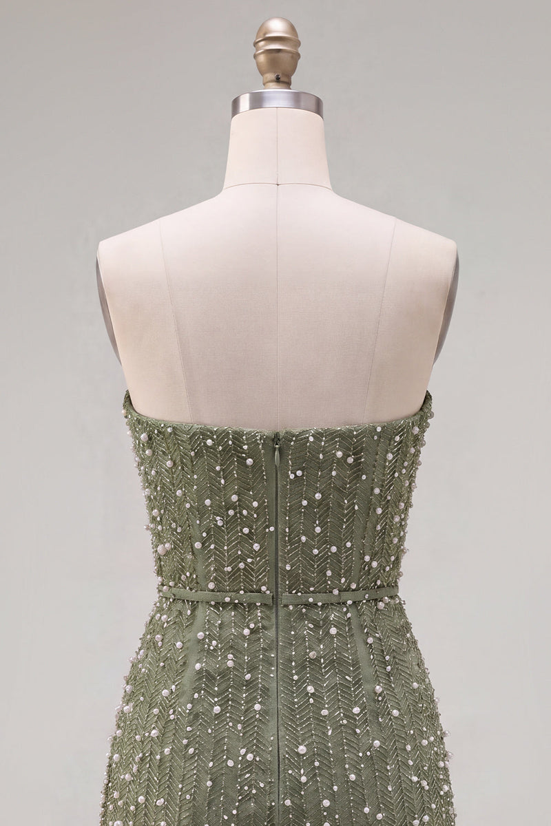 Laden Sie das Bild in den Galerie-Viewer, Trägerloses Blaues Bodycon Perlen Kurzes Abendkleid mit 3D-Blumen