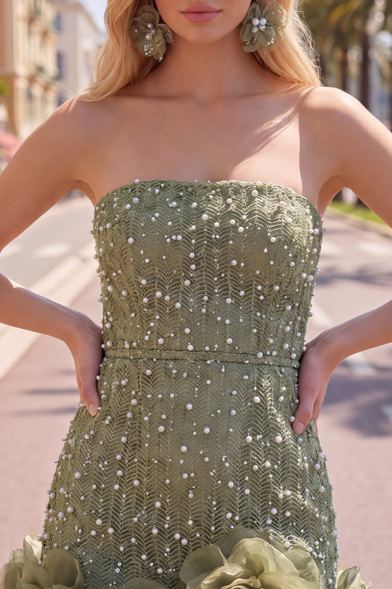 Laden Sie das Bild in den Galerie-Viewer, Trägerloses Blaues Bodycon Perlen Kurzes Abendkleid mit 3D-Blumen