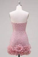 Laden Sie das Bild in den Galerie-Viewer, Trägerloses Blaues Bodycon Perlen Kurzes Abendkleid mit 3D-Blumen