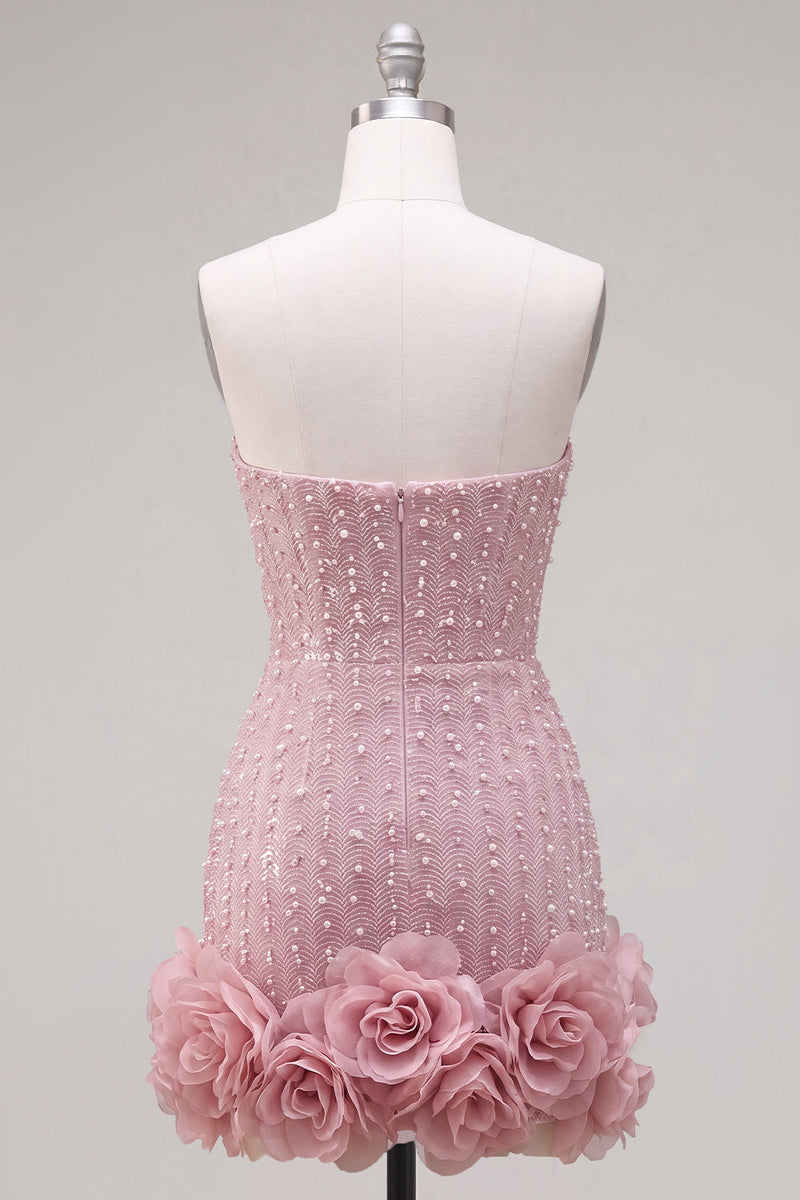 Laden Sie das Bild in den Galerie-Viewer, Trägerloses Blaues Bodycon Perlen Kurzes Abendkleid mit 3D-Blumen