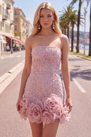 Laden Sie das Bild in den Galerie-Viewer, Trägerloses Blaues Bodycon Perlen Kurzes Abendkleid mit 3D-Blumen