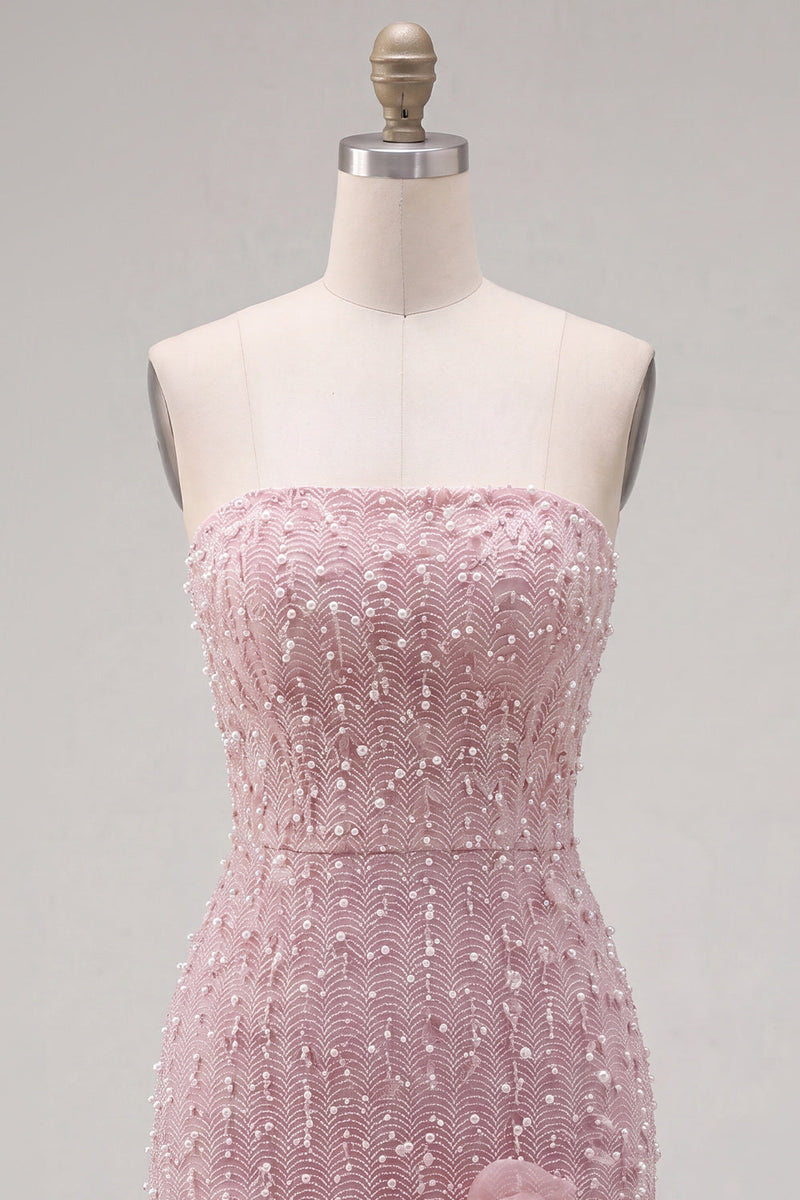Laden Sie das Bild in den Galerie-Viewer, Trägerloses Blaues Bodycon Perlen Kurzes Abendkleid mit 3D-Blumen