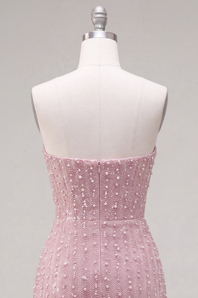 Laden Sie das Bild in den Galerie-Viewer, Trägerloses Blaues Bodycon Perlen Kurzes Abendkleid mit 3D-Blumen