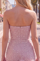 Laden Sie das Bild in den Galerie-Viewer, Trägerloses Blaues Bodycon Perlen Kurzes Abendkleid mit 3D-Blumen