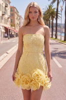 Laden Sie das Bild in den Galerie-Viewer, Trägerloses Blaues Bodycon Perlen Kurzes Abendkleid mit 3D-Blumen