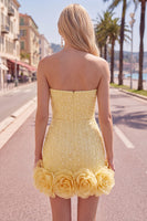 Laden Sie das Bild in den Galerie-Viewer, Trägerloses Blaues Bodycon Perlen Kurzes Abendkleid mit 3D-Blumen