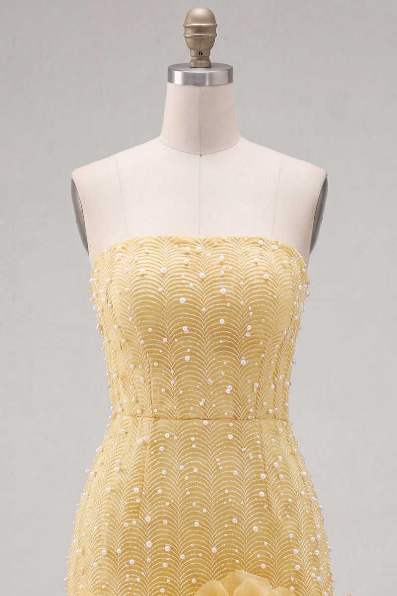 Laden Sie das Bild in den Galerie-Viewer, Trägerloses Blaues Bodycon Perlen Kurzes Abendkleid mit 3D-Blumen