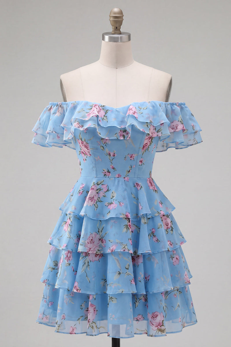 Laden Sie das Bild in den Galerie-Viewer, Off-the-shoulder Blaues A-Linie Floral Kurzes Abendkleid mit Schnürung