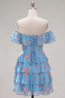 Laden Sie das Bild in den Galerie-Viewer, Off-the-shoulder Blaues A-Linie Floral Kurzes Abendkleid mit Schnürung