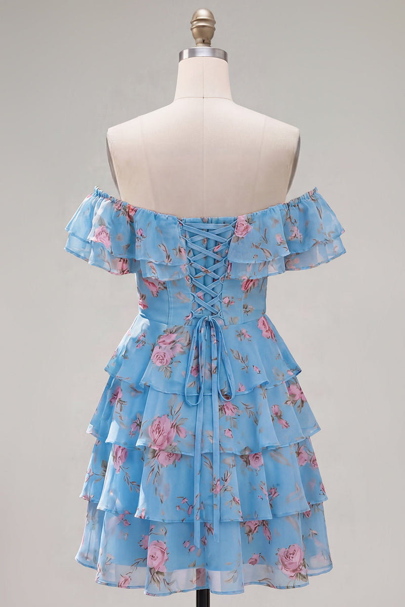 Laden Sie das Bild in den Galerie-Viewer, Off-the-shoulder Blaues A-Linie Floral Kurzes Abendkleid mit Schnürung