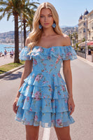 Laden Sie das Bild in den Galerie-Viewer, Off-the-shoulder Blaues A-Linie Floral Kurzes Abendkleid mit Schnürung
