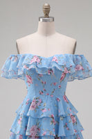 Laden Sie das Bild in den Galerie-Viewer, Off-the-shoulder Blaues A-Linie Floral Kurzes Abendkleid mit Schnürung