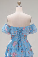 Laden Sie das Bild in den Galerie-Viewer, Off-the-shoulder Blaues A-Linie Floral Kurzes Abendkleid mit Schnürung