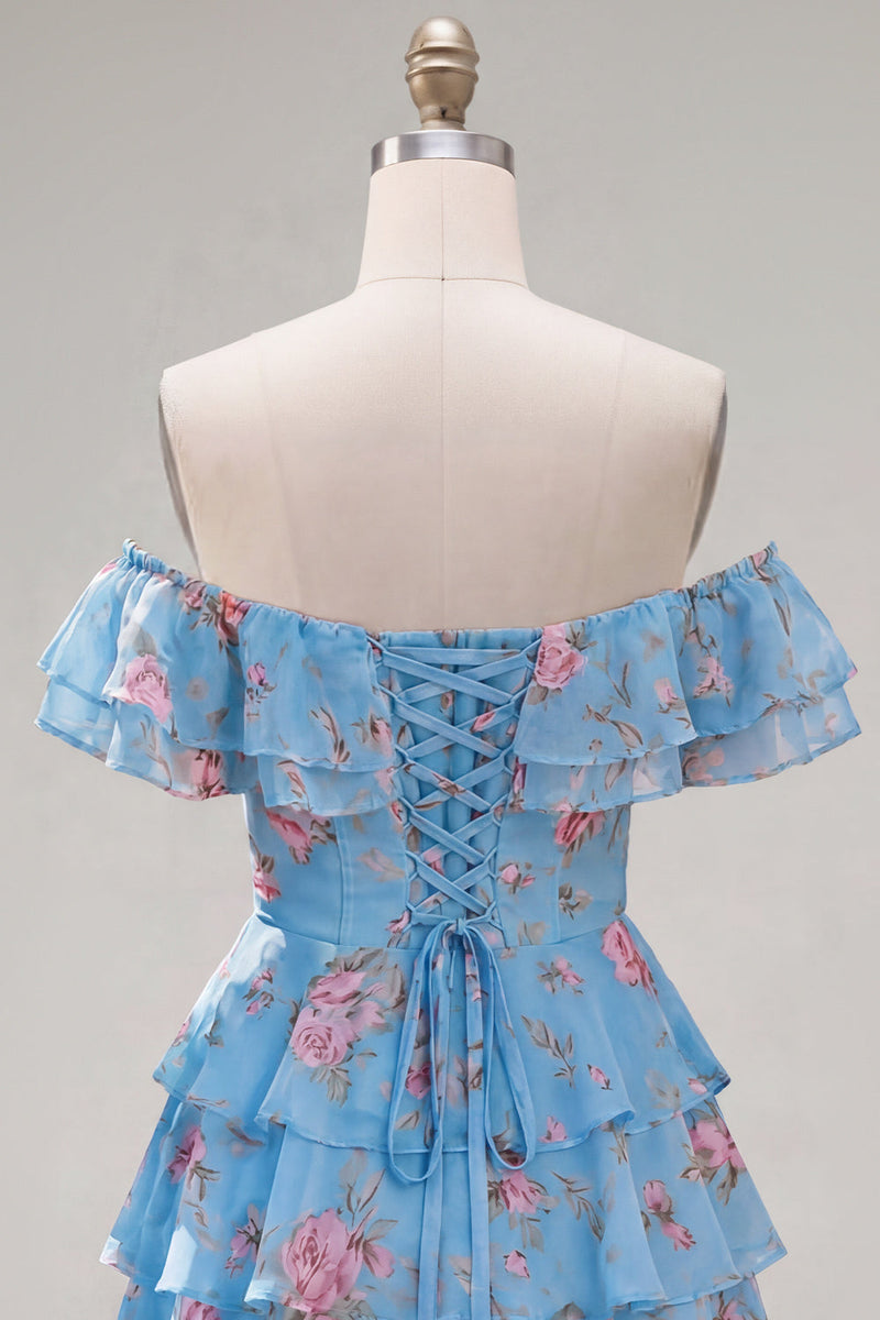Laden Sie das Bild in den Galerie-Viewer, Off-the-shoulder Blaues A-Linie Floral Kurzes Abendkleid mit Schnürung