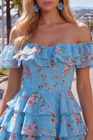 Laden Sie das Bild in den Galerie-Viewer, Off-the-shoulder Blaues A-Linie Floral Kurzes Abendkleid mit Schnürung