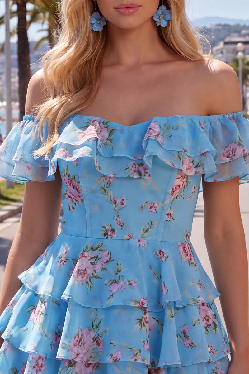 Laden Sie das Bild in den Galerie-Viewer, Off-the-shoulder Blaues A-Linie Floral Kurzes Abendkleid mit Schnürung