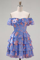 Laden Sie das Bild in den Galerie-Viewer, Off-the-shoulder Blaues A-Linie Floral Kurzes Abendkleid mit Schnürung