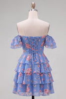 Laden Sie das Bild in den Galerie-Viewer, Off-the-shoulder Blaues A-Linie Floral Kurzes Abendkleid mit Schnürung
