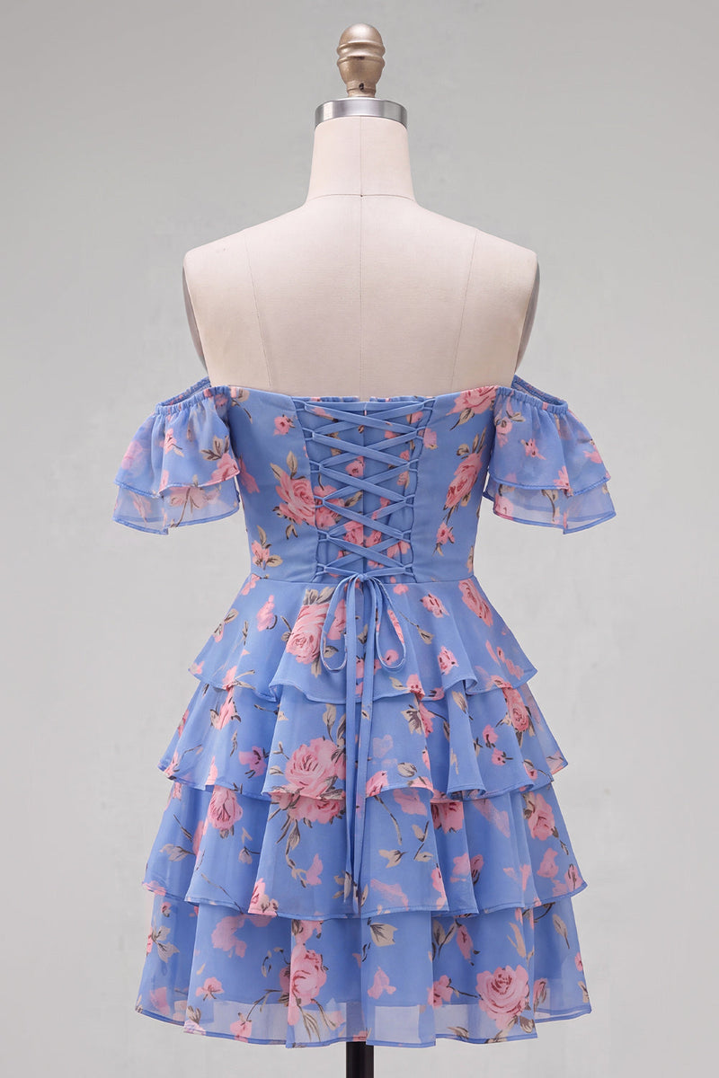 Laden Sie das Bild in den Galerie-Viewer, Off-the-shoulder Blaues A-Linie Floral Kurzes Abendkleid mit Schnürung
