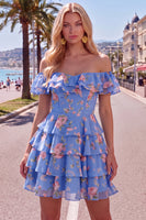 Laden Sie das Bild in den Galerie-Viewer, Off-the-shoulder Blaues A-Linie Floral Kurzes Abendkleid mit Schnürung