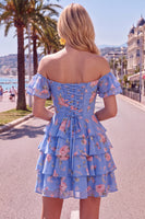 Laden Sie das Bild in den Galerie-Viewer, Off-the-shoulder Blaues A-Linie Floral Kurzes Abendkleid mit Schnürung