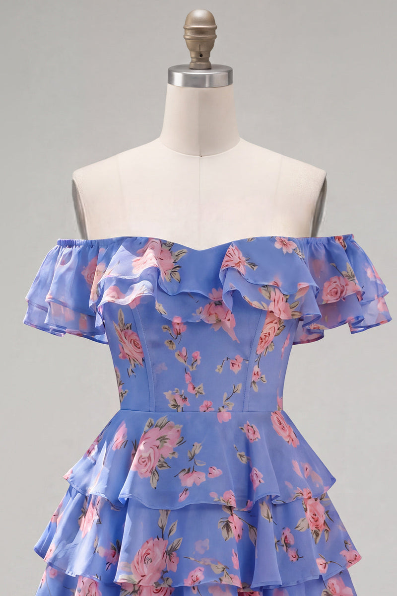 Laden Sie das Bild in den Galerie-Viewer, Off-the-shoulder Blaues A-Linie Floral Kurzes Abendkleid mit Schnürung